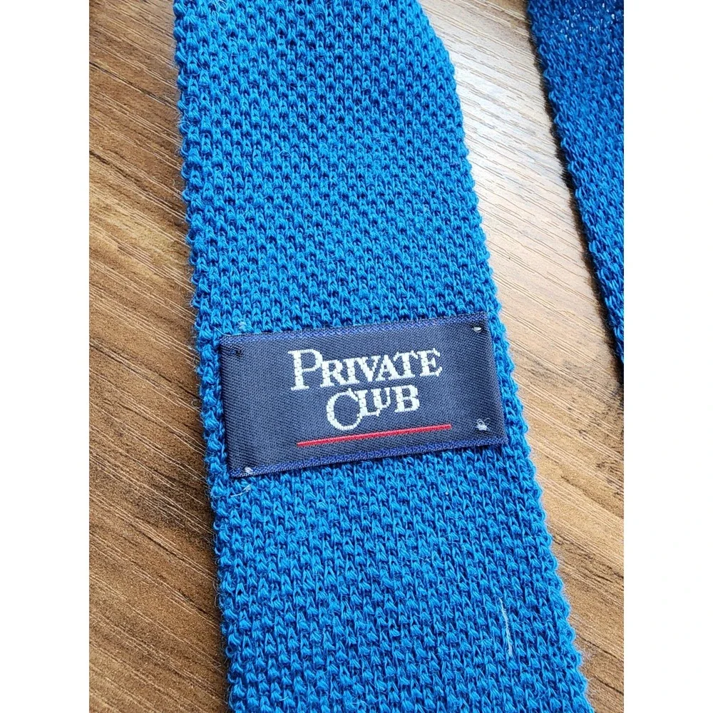 Vintage 100% Wool Knit Tie Square Flat Bottom Blue 70s Retro Academia Heritage